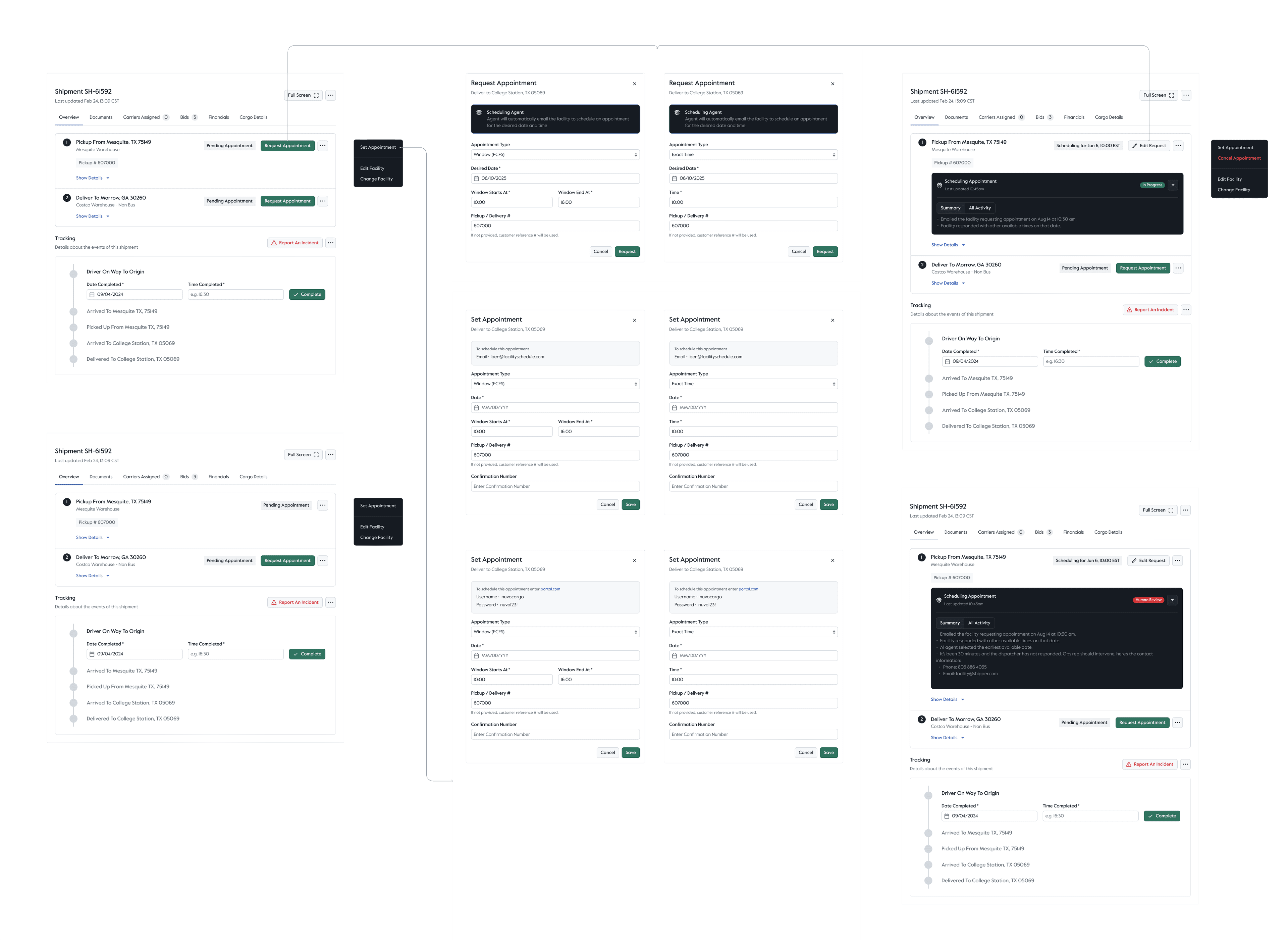 Appointment scheduling flow: from a shipment’s stops, users request an appointment from the Scheduling Agent or set one manually by email or facility portal; the stop then shows the agent’s progress, and escalates to human review with the facility’s contact details when needed