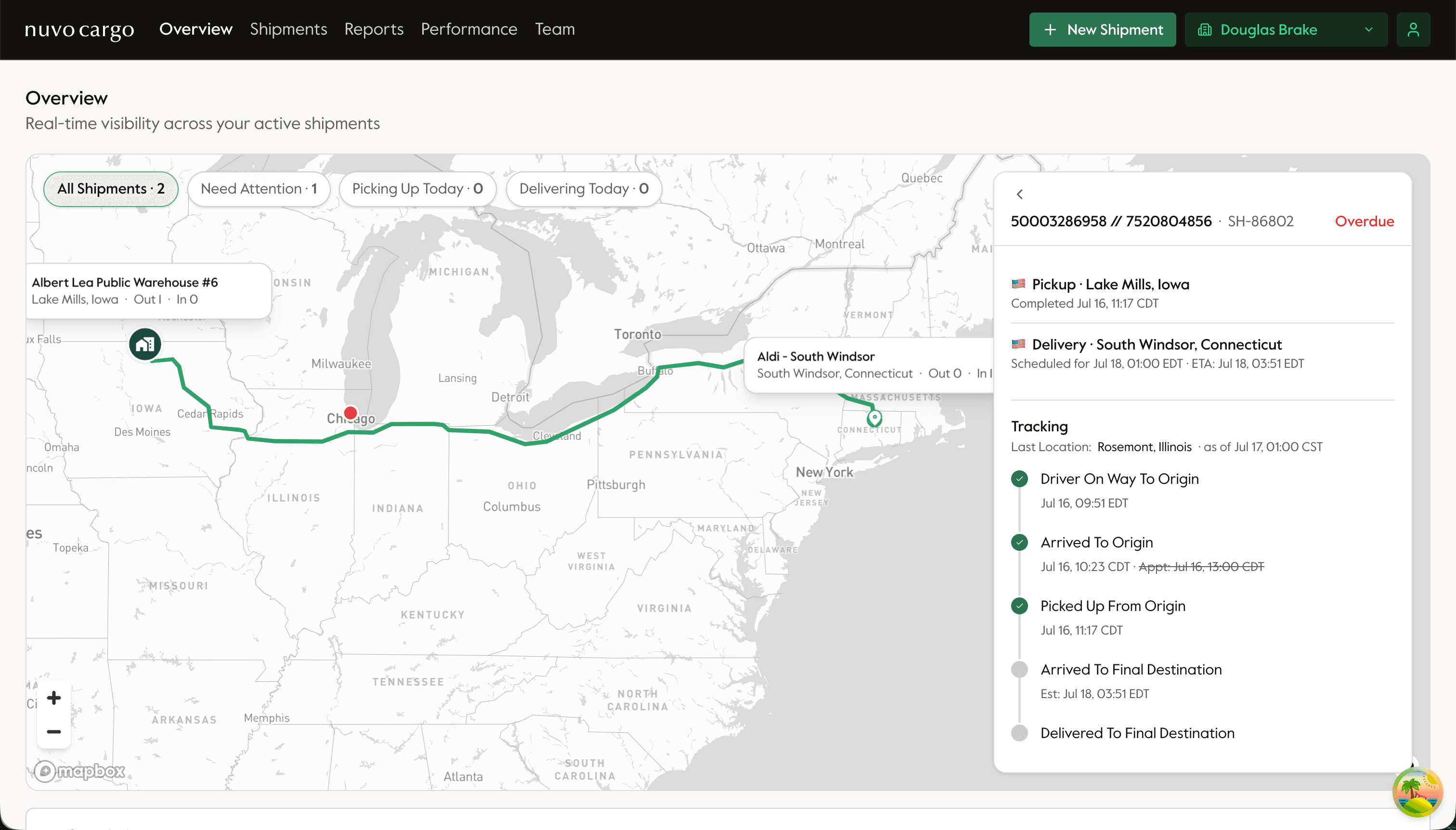 Control Tower overview: a map of active shipments with filters for All Shipments, Need Attention, Picking Up Today, and Delivering Today, and a drawer showing a shipment’s pickup, delivery, and tracking milestones
