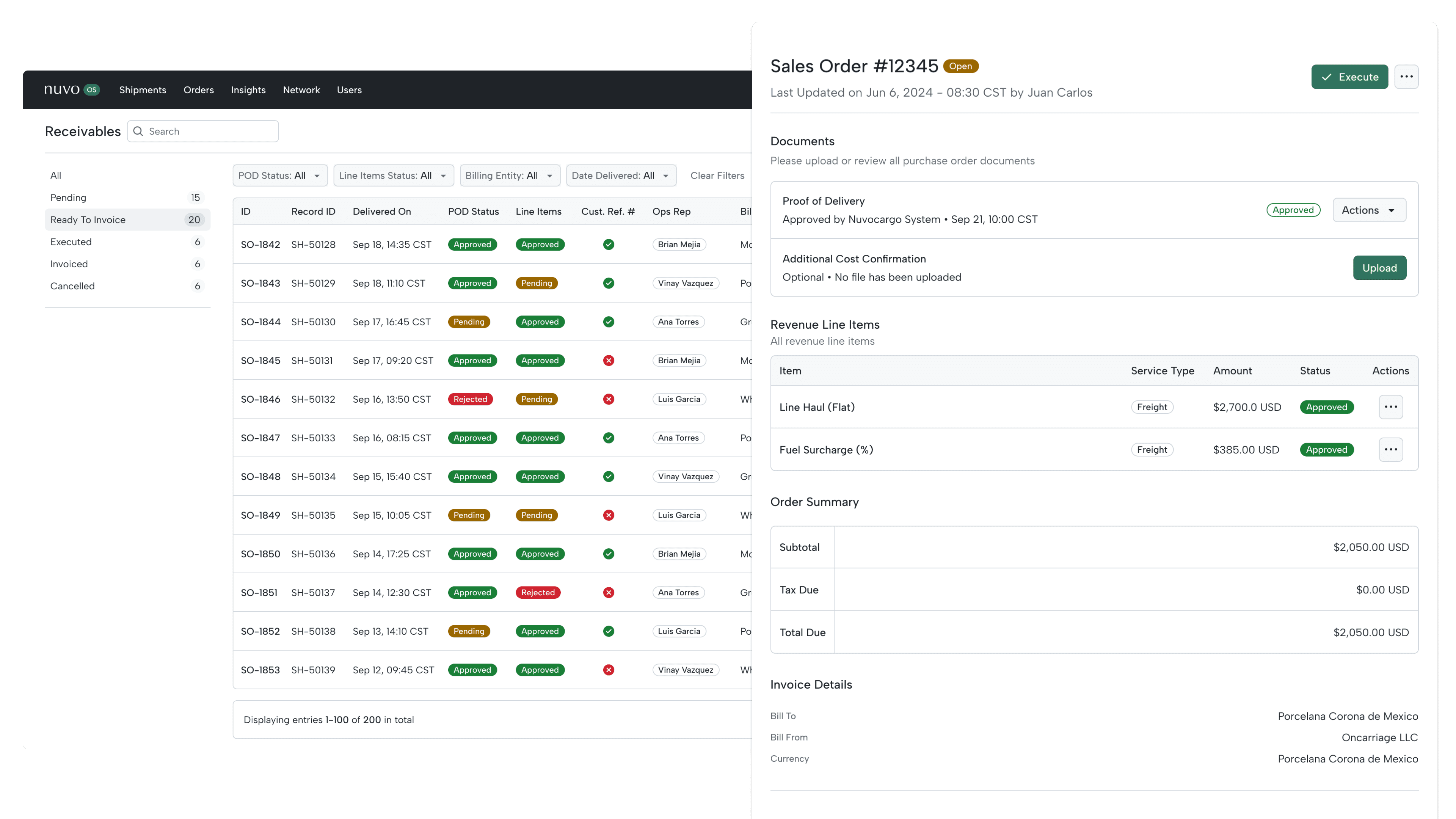 NuvoOS Receivables table with Ready To Invoice view, POD and line item statuses, next to a Sales Order side panel with documents, revenue line items, order summary, and an Execute button